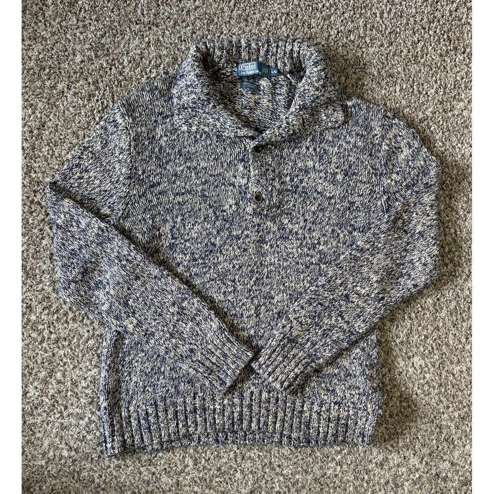 Vintage Polo Ralph Lauren Sweater Chunky Knit Shawl Collar Marled Blue Large